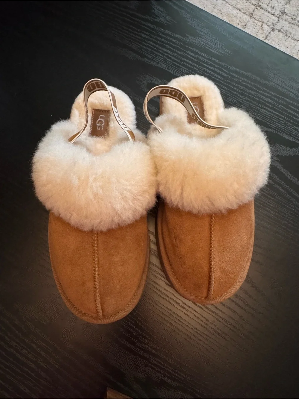 UGG Kids Funkette Chestnut Suede Shearling Slide with Logo Heel Strap